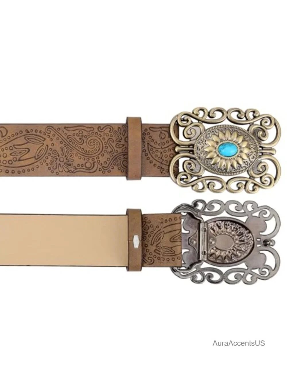Vintage Western Leather Belt Floral Pattern Turquoise Buckle Country Cowboy